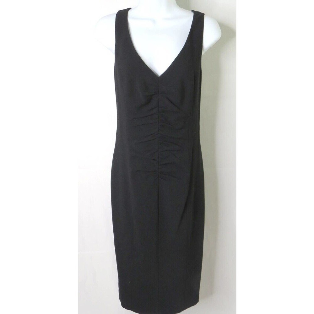 𝅺magaschoni Black 100% Wool Sleeveless Sheath Ruched Deep V-Neck MIDI Dress 6